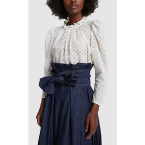 Ulla Johnson Gracie Lace Puff Sleeves Mock Collar Lace Eyelet Blouse